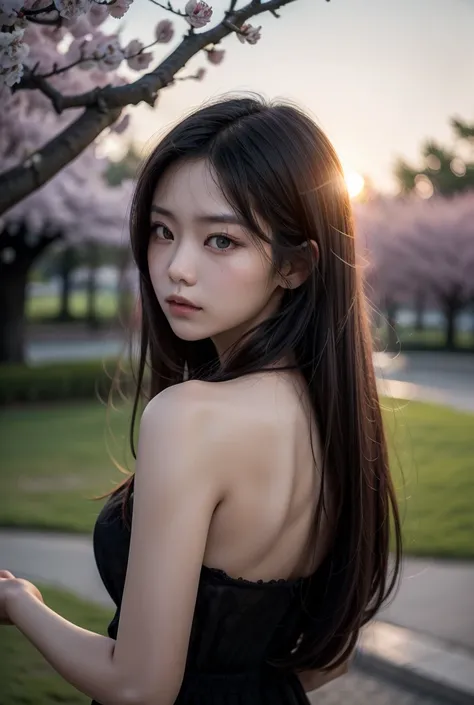 A mysterious Asian woman with a captivating aura, turning her head to look back over her shoulder. Her long, flowing black hair is caught in the soft breeze, gently swaying with the wind. The setting is a tranquil spring evening during sunset, with the sky...