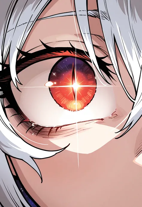 (Ssambatea:0.7), (ekrea Jan:0.8), 1girl, eye focus, white hair, hair between eyes, red eyes, slit pupils, white pupils, reflecting the sun, galaxy, bags under eyes, masterpiece, best quality, amazing quality, very aesthetic, high resolution