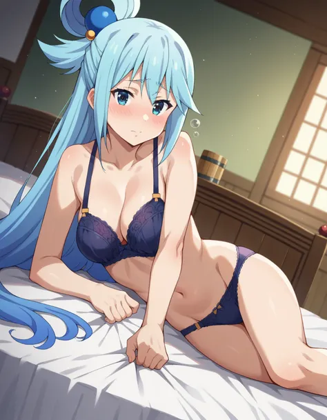 score_9, score_8_up, score_7_up, source_anime,
konosubaaqua, aqua (konosuba), long hair, blue eyes, hair ornament, very long hair, blue hair, hair rings, single hair ring, hair bobbles,
Naked, bra , panties
indoors, bed, bed room, on side, blush, drunk,
lo...