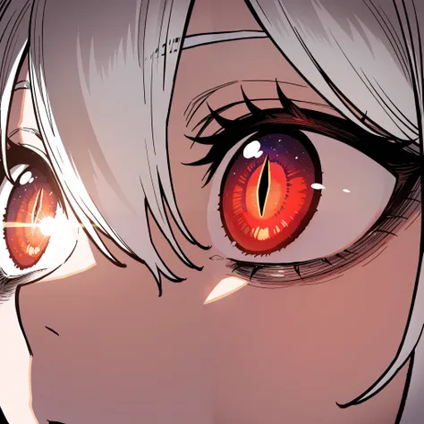 (Ssambatea:0.7), (ekrea Jan:0.8), 1girl, eye focus, white hair, hair between eyes, red eyes, slit pupils, white pupils, reflecting the sun, galaxy, bags under eyes, masterpiece, best quality, amazing quality, very aesthetic, high resolution