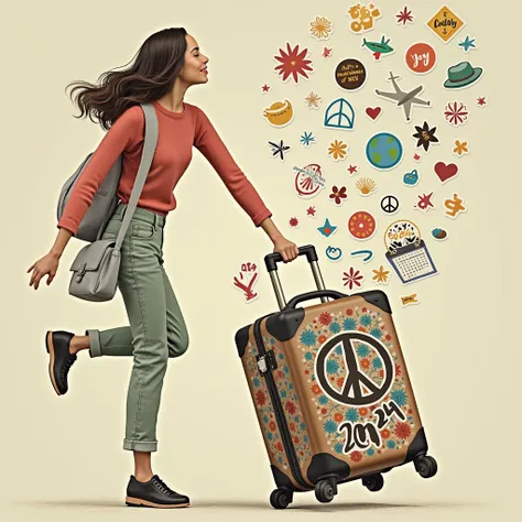  Remove the stickers from the suitcase and place peace stickers , of joy, Travel .  Put objects to fall from the suitcase and a 2024 calendar to fall too.  Remove the words written on the top of the right side but keep 2025 .