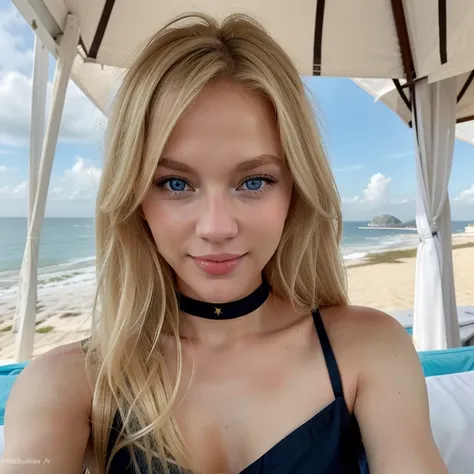 blonde woman with blue eyes, smiling, Selfie, sea, at the beach in thailand, sexy black, Lara Stein, Alexandra Waliszewska,  shoulder-length blonde hair , Most beautiful woman in the world, beautiful look, Perfect detail, Victorias Secret model, blonde hai...