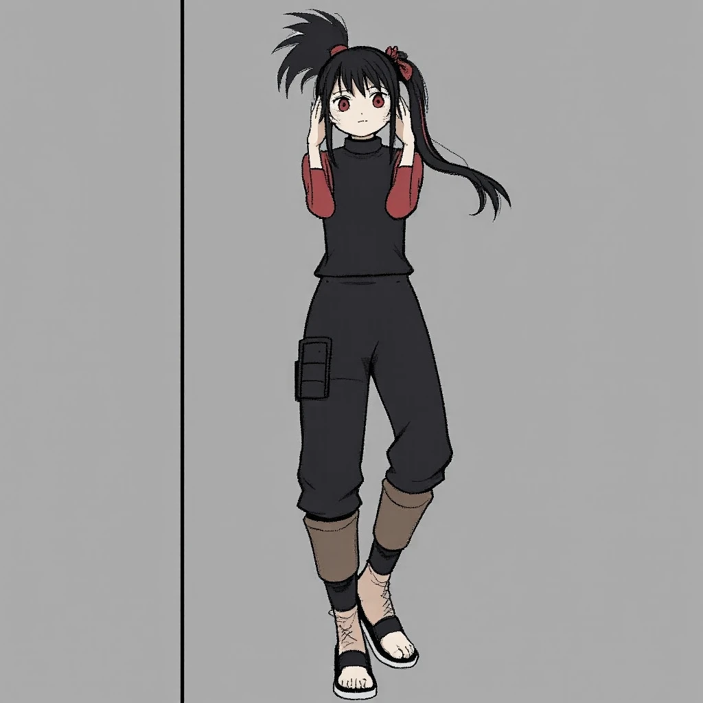 Hanabi Nara, a  ninja from the Nara clan, has black hair tied into a perfect ponytail, tied with a red ribbon, with bangs that frame her face. Her brown eyes convey intelligence and curiosity. She wears a black ninja uniform with red details and black sand...