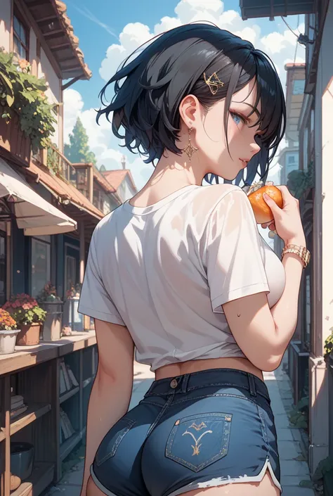 a short-haired black-haired girl with a big ass wearing a white shirt and tight dark blue shorts