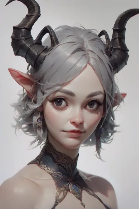 character details , girl, foreigner, ( grey hair), little horns, dark eyes, Illustrated image.