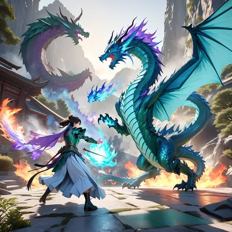 Create an amazing super dragon with force, magic, beauty and aquamarine green armor with striking eyes, throwing purple fire while fighting other dragons, reality 8k ultra-realism, 3D definition, lighting, brightness and perfect contrast, high qualities, h...