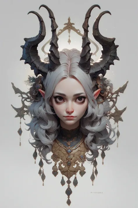 character details , girl, foreigner, ( grey hair), Full-length portrait , little horns, dark eyes, Illustrated image.