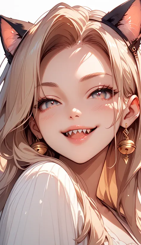  A beautiful woman smiling, cat eyes, cat ears ,  sharp teeth, flushed skin, straw lips, Long hair , big boobs, close na personagem, 