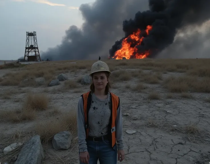 A cinematic shot of a young woman standing with her back turned, surveying the chaotic remnants of a former oil field. The camera angle is from above and slightly behind, emphasizing her small, solitary silhouette against the vast, desolate expanse. She we...