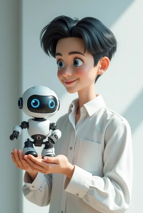 The young man wears a white shirt, black comma hair style, has blue eyes, and is holding a small robot