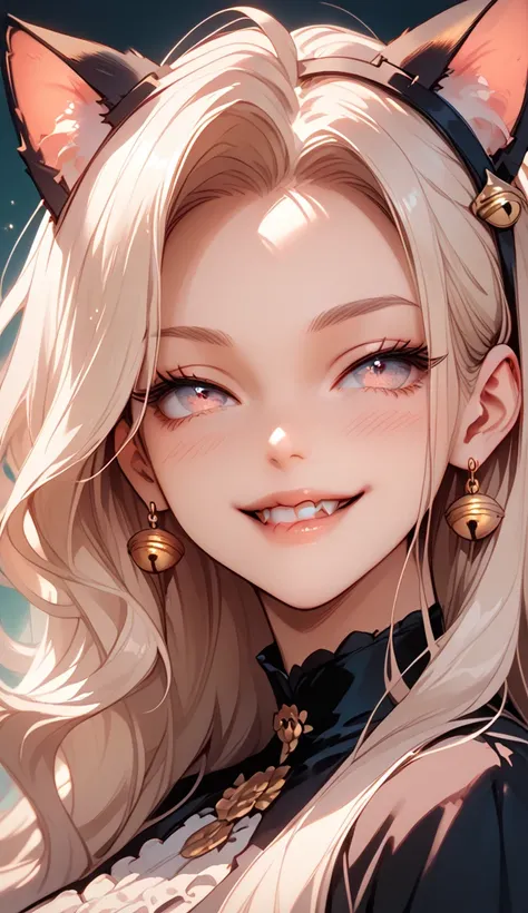  A beautiful woman smiling, cat eyes, cat ears ,  sharp teeth, flushed skin,  biting their straight lips, Long hair , big boobs, close na personagem, Looking sideways 