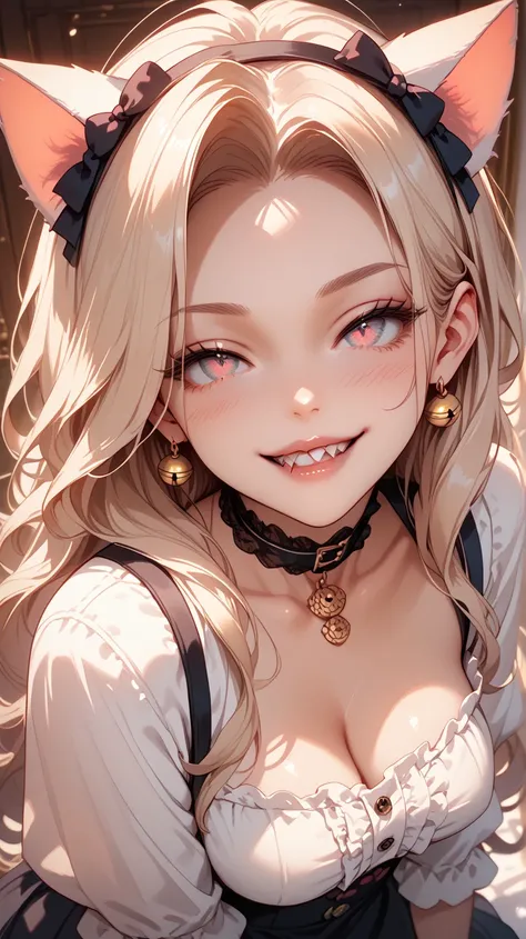  A beautiful woman smiling, cat eyes, cat ears ,  sharp teeth, flushed skin,  biting their straight lips, Long hair , big boobs, close na personagem,  seen from above, Showing off her breasts inside the blouse 