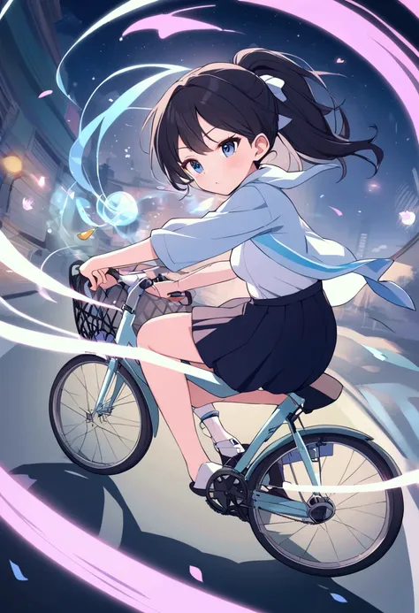  high school girl、bicycle, 、 black hair、 Ponytail、 Japanese、 cute,One person,driving