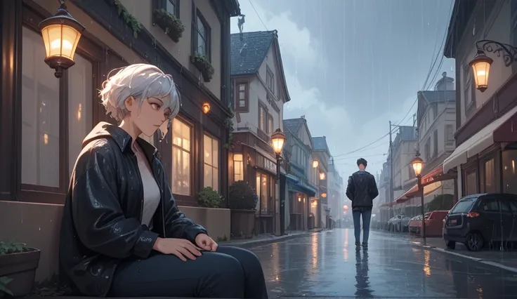  One with short white hair is sitting looking forward watching the rain fall
(Its nighttime with the streetlights illuminating the wet streets )

