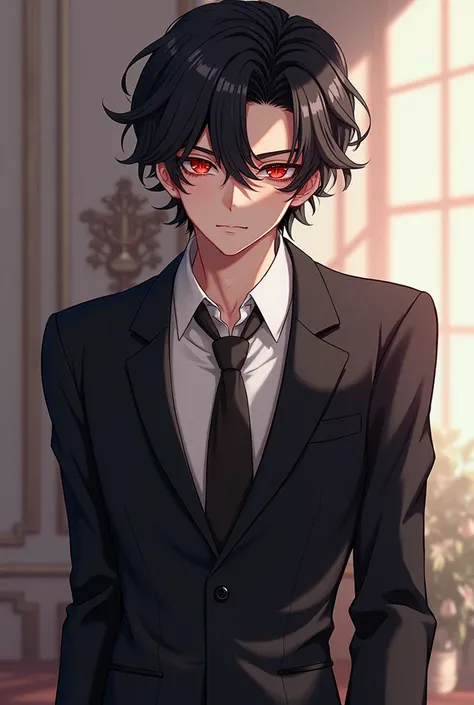 2d beautiful anime
19 year old boy: 175cm tall
Wavy tint black hair
Dreamy seductive red crimson gorgeous eyes
Slim muscular 
Cool gaze
Very chill personality 
Very a suit