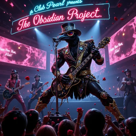 Stadium Blues Rock concert. The band "The Obsidian Flow Project" rocks the stage. A muscular and cool looking anthropomorphic crow is the lead singer and guitarist donned in an ornate black and gold shining suit made if diamonds, a black fedora, large diam...