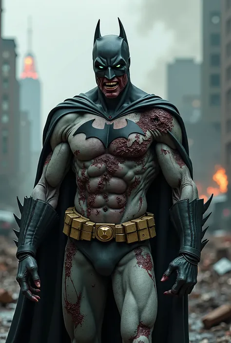 A terrifying, hyper-realistic zombie version of Batman stands in the center of a decimated Gotham City. His once-glossy black suit is now ragged and torn, covered in dirt, blood, and grime. The bat emblem on his chest is barely visible, smeared with dark b...