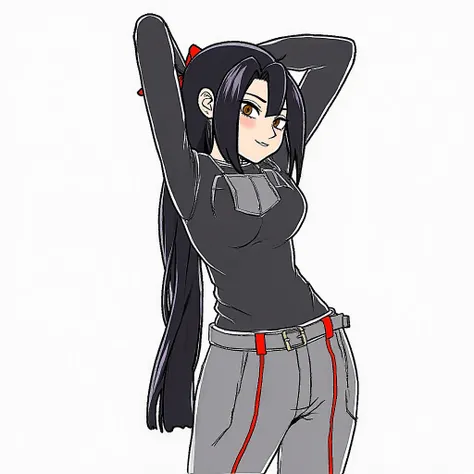 Hanabi Nara, a  ninja from the Nara clan, has long black hair tied into a perfect ponytail, tied with a red ribbon, with bangs that frame her face. Her brown eyes convey intelligence and curiosity. She wears a black ninja uniform with red details and black...