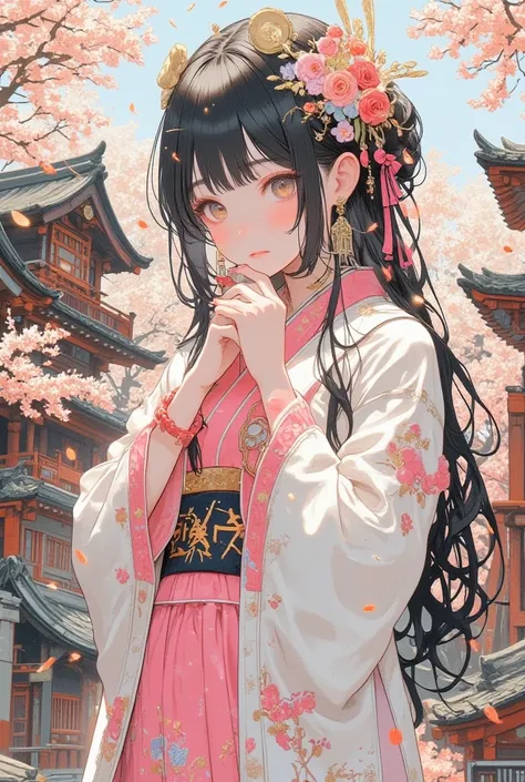 It says "Happy New Year 2025.", cool beauty, wearing pink and white Japanese shrine maiden costume, bowing with her hands on her stomach, set against a background of typically Japanese scenery and accessories, iridescent glitter gold dust flying about, ult...