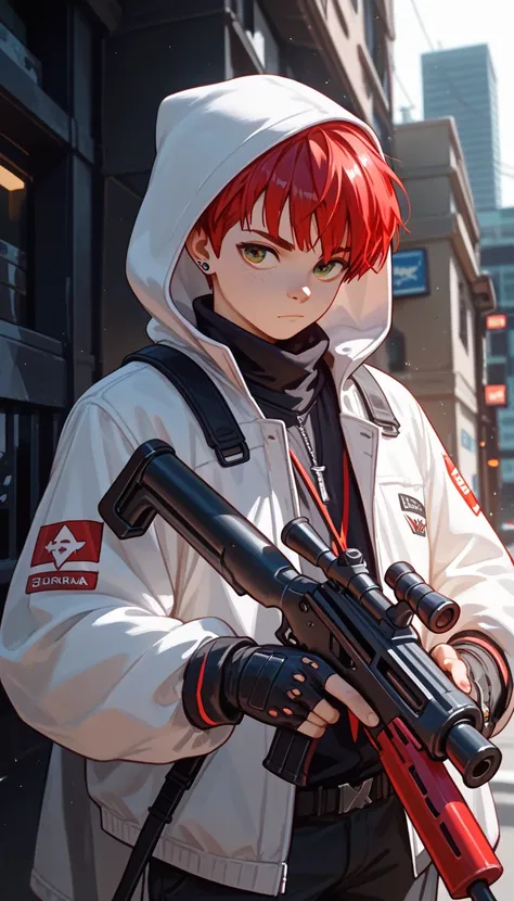 "A young boy with bright red hair , pixie cut , bright skin, and the soft expression , wearing future clothing. White hood .  The boy stand.  The background is plain black , holding sniper , gives full focus to the character of the boy ."