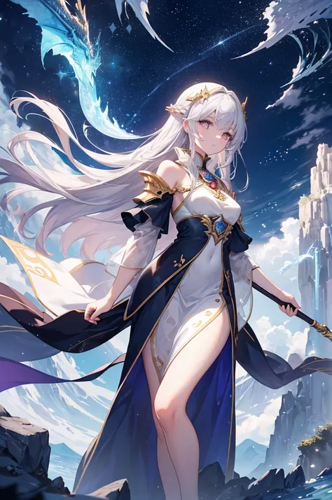 ((Masterpiece, Ultra High Quality, 8K)) A majestic anime-style goddess, radiating power and serenity. She has long silver hair with golden highlights that flow like waves in the wind, and bright golden eyes with slitted pupils like a dragons. Her skin is f...