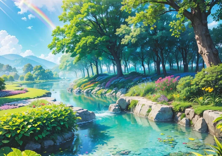 (best quality,highres),(vibrant colors,colorful:1.1),(realistic:1.1),(rainbow),(beautiful detailed scenery),(bright sunlight),(nature),(serene atmosphere),(dewdrops on leaves),(shimmering),(smooth gradient),(crisp and clear),(impressive spectrum of colors)...