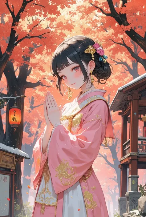 The image has "Happy New Year 2025" written in large letters, cool beauty, wearing pink and white Japanese shrine maiden costume, bowing with her hands on her stomach, set against a background of typically Japanese scenery and accessories, iridescent glitt...