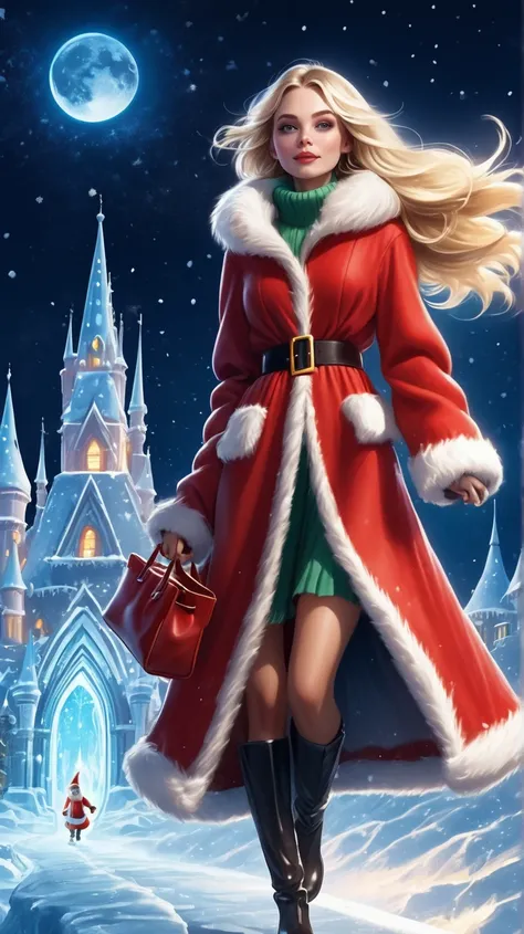 a beautiful blonde girl in a long red Santa Claus fur coat and a big bag rides a sleigh across the night sky, there is an ice castle under it
