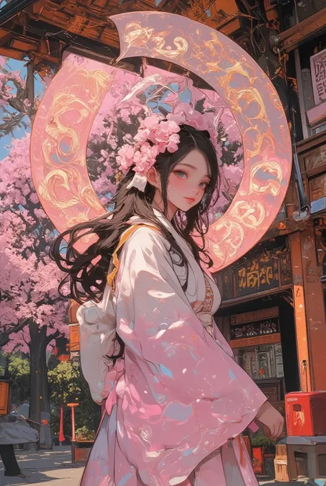 The image has "Happy New Year 2025" written in large letters, cool beauty, wearing pink and white Japanese shrine maiden costume, bowing with her hands on her stomach, set against a background of typically Japanese scenery and accessories, iridescent glitt...