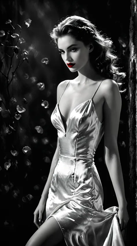 
In the enchanting style of Lillian Bassman, conjure a mysterious landscape that pulses with suspense and fantasy. Picture a captivating figure with striking red lips, adorned in a flowing white pearly satin dress reminiscent of the 1940s, standing amidst ...