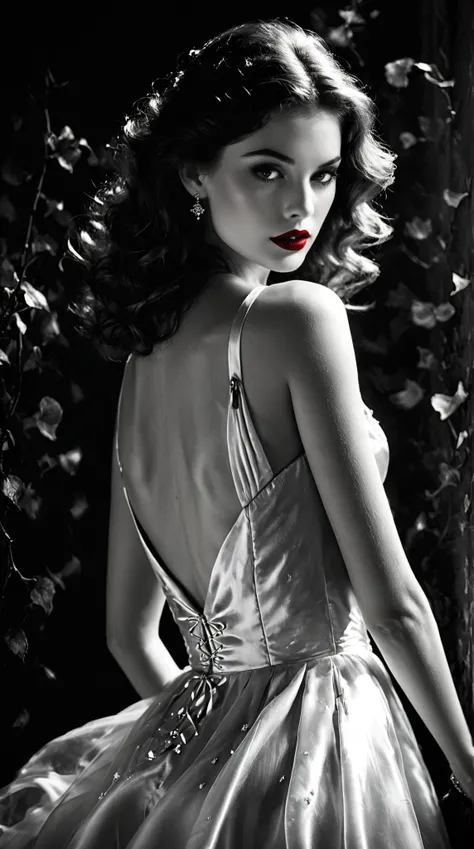 
In the enchanting style of Lillian Bassman, conjure a mysterious landscape that pulses with suspense and fantasy. Picture a captivating figure with striking red lips, adorned in a flowing white pearly satin dress reminiscent of the 1940s, standing amidst ...