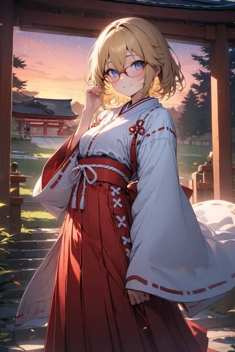 masterpiece, best quality, ultra detailed 8k, extremely detailed eyes, posing cute girl, 17yo, (blonde hair, very short hair, hairs between eyes), blue eyes, (glasses), smile, slender body, 
BREAK
(Japanese Miko, traditional shrine maiden clothes), (red lo...