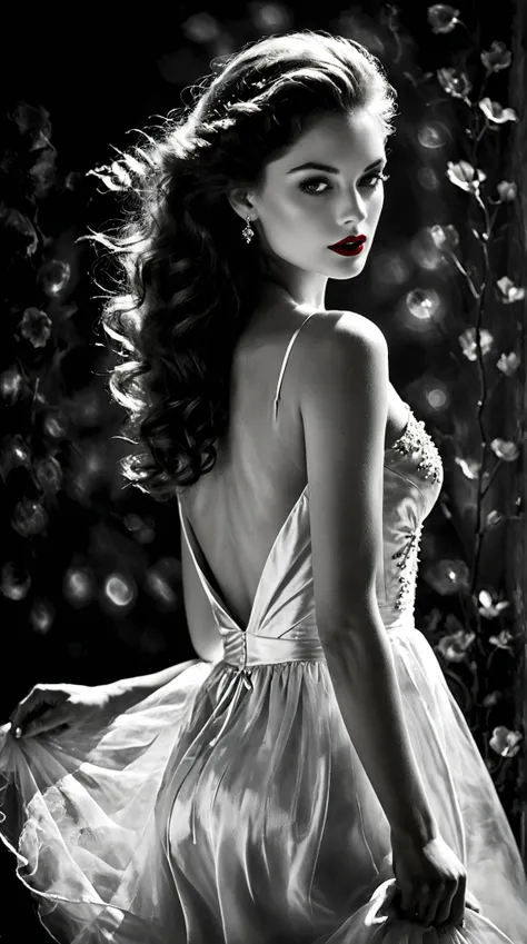 
In the enchanting style of Lillian Bassman, conjure a mysterious landscape that pulses with suspense and fantasy. Picture a captivating figure with striking red lips, adorned in a flowing white pearly satin dress reminiscent of the 1940s, standing amidst ...