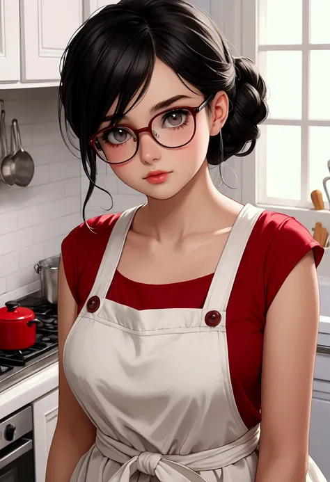 18 year old beautiful young woman with black eyes and black hair tied up wearing a kitchen apron She wears red-rimmed glasses.