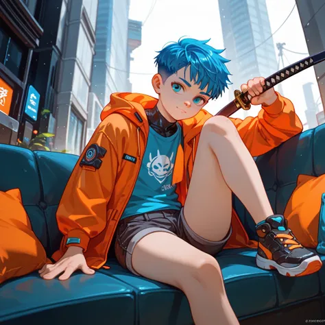 "A young boy with bright blue hair , pixie cut , bright skin, and the soft expression , wearing future clothing. Orange hood .  The boy sitting.  The background is plain black , holding katana , gives full focus to the character of the boy ."