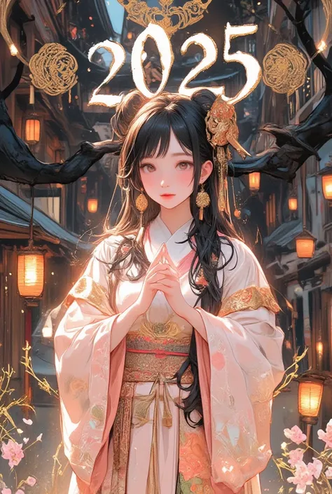 The image has "Happy New Year 2025" written in large letters, cool beauty, wearing pink and white Japanese shrine maiden costume, bowing with her hands on her stomach, set against a background of typically Japanese scenery and accessories, iridescent glitt...