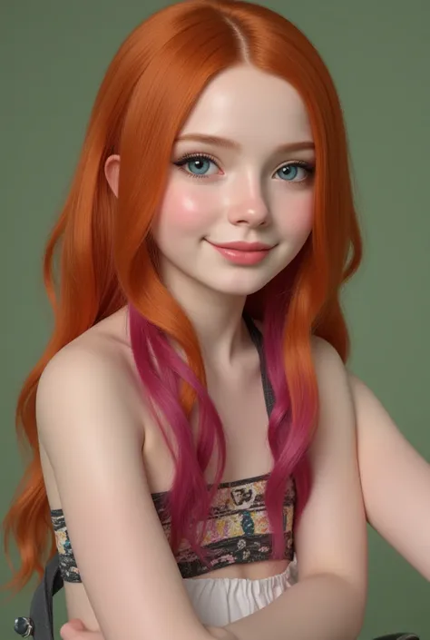 hyper-realistic full body image of a  girl , Extremely beautiful with very smooth long red fire-colored hair,  she wears two white locks highlighted on the front ,  framing her face .  She has blue-green eyes and pale skin .  she has a sweet and charming s...