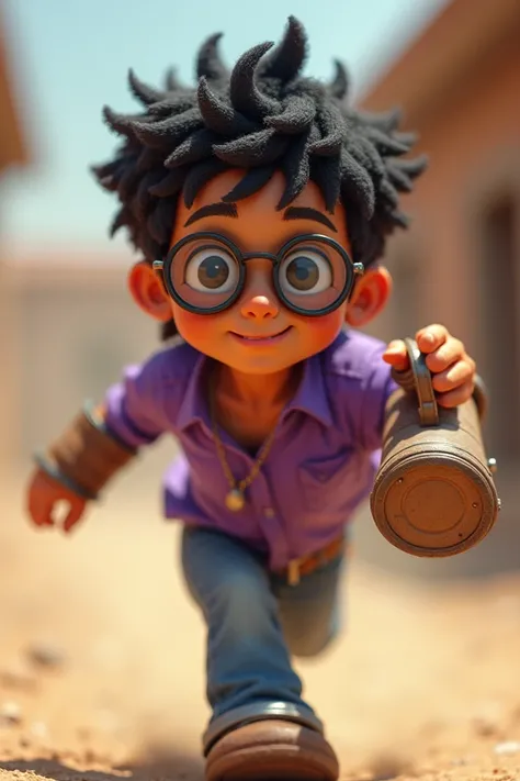 A Mexican boy with brown skin and wavy short black hair and a purple shirt poses as if he were running and has a barrel on his right arm and has round biker glasses in the style of Megaman 