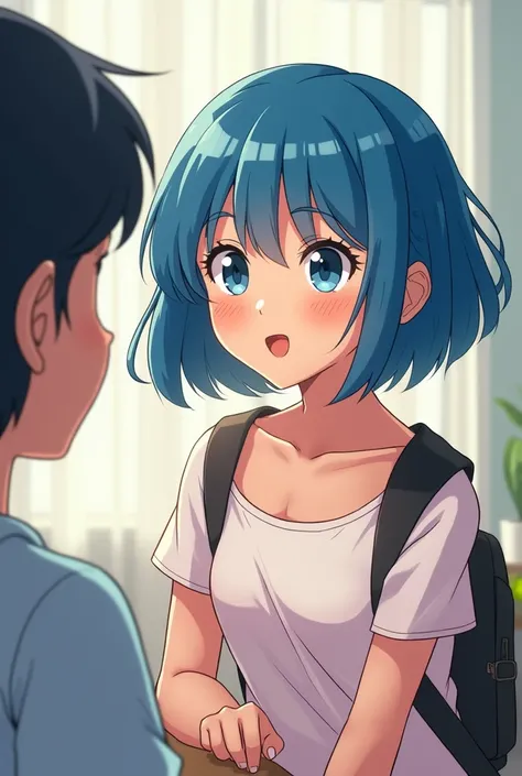  ,  short blue hair ,  at shoulder height, half sided face , as if she were talking to someone in front of her. cartoon style cartoon 