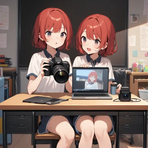  A young girl ,  twins with red hair,  sitting in front of a desk , with a video camera and a laptop.