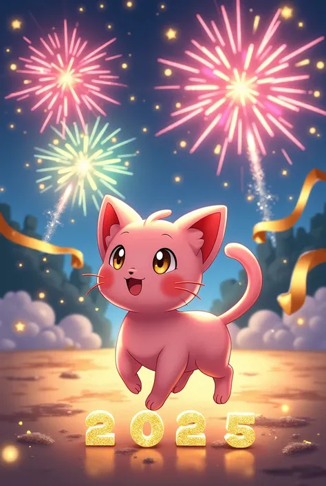 Generate happy mew year 2025 with fireworks and gold