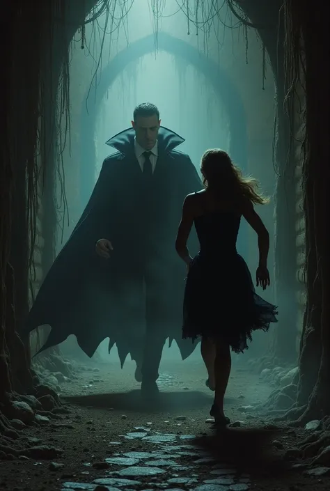 A woman running to Dracula. Dracula flees from women