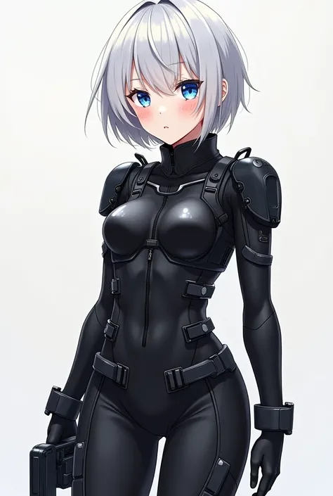 Anime-Series. female.  26 years old. Teenager.  short white hair .   blue eyes.  Black special unit suit.   shy  . cute. Leg. weapons. Detail. Light with pimples on face .