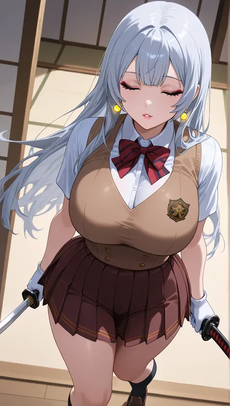 (masterpiece), (portrait), big breasts (aesthetics), ((1 female 21 years old)), Highlight earrings), ((long hair)), ((Hot crystal grey hair, spiky bangs, white gloves)), ((chouun shiryu)) straight hair, thin eyes open, eyes closed, cute, naughty,  parted l...