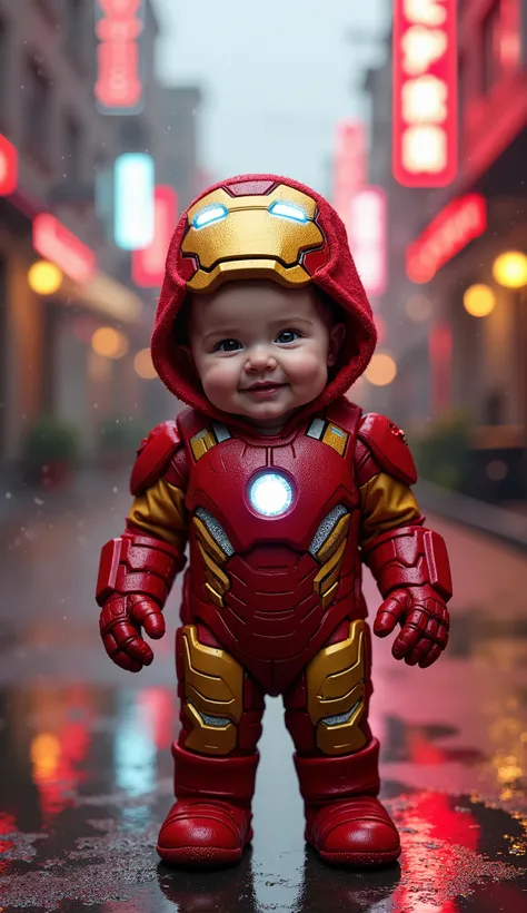 A hyper-realistic 8K image of an adorable baby standing upright, dressed in an Iron Man-inspired costume, aligned and looking directly at the viewer. The costume features the signature red and gold design, with soft, plush textures mimicking the sleek armo...