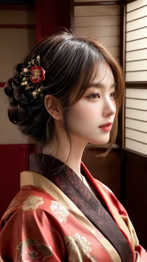 A beautiful Japanese woman in a traditional red kimono with gold and black patterns, featuring intricate floral and geometric designs. She has an elegant updo hairstyle with soft brown hair, adorned with delicate flowers and hair ornaments. The scene is se...