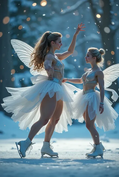 A beautiful dance on ice featuring a human woman and two enchanting tiny female muscular bodybuilder fairies, dressed in glossy dresses, realistic and fantastical atmosphere, ethereal lighting, intricate details, whimsical background, soft glows, elegant p...