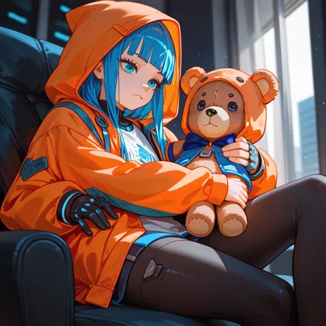 "A young boy with bright blue hair , hime cut , bright skin, and the soft expression , wearing future clothing. Orange hood .  The boy sitting.  The background is plain black , holding teddy bear , gives full focus to the character of the boy ."