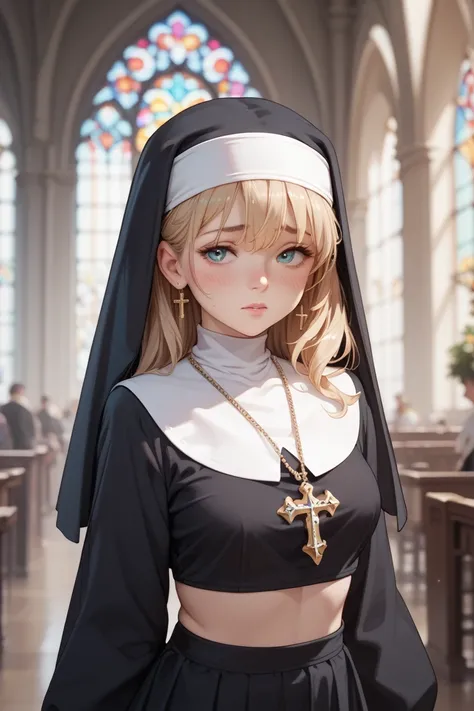 Shy nun showing her midriff