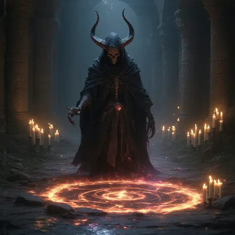 (photorealism) s tiefling wizard, red skin, yellow eyes, slithed black pupils, warlock, summoning a skeleton from a summoning circle, warlock cool attire, medieval, ultra detailed, on a stone castle corridor, night, with candles and wster pools